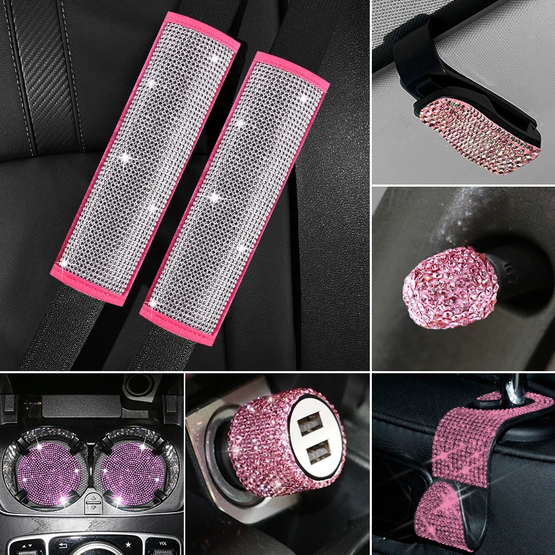 17Pcs Bling Car Accessories Set Auto Seat Belt Shoulder Pad Handbrake Gear Shift Cover Car Coaster Charger Hook Glasses Clips