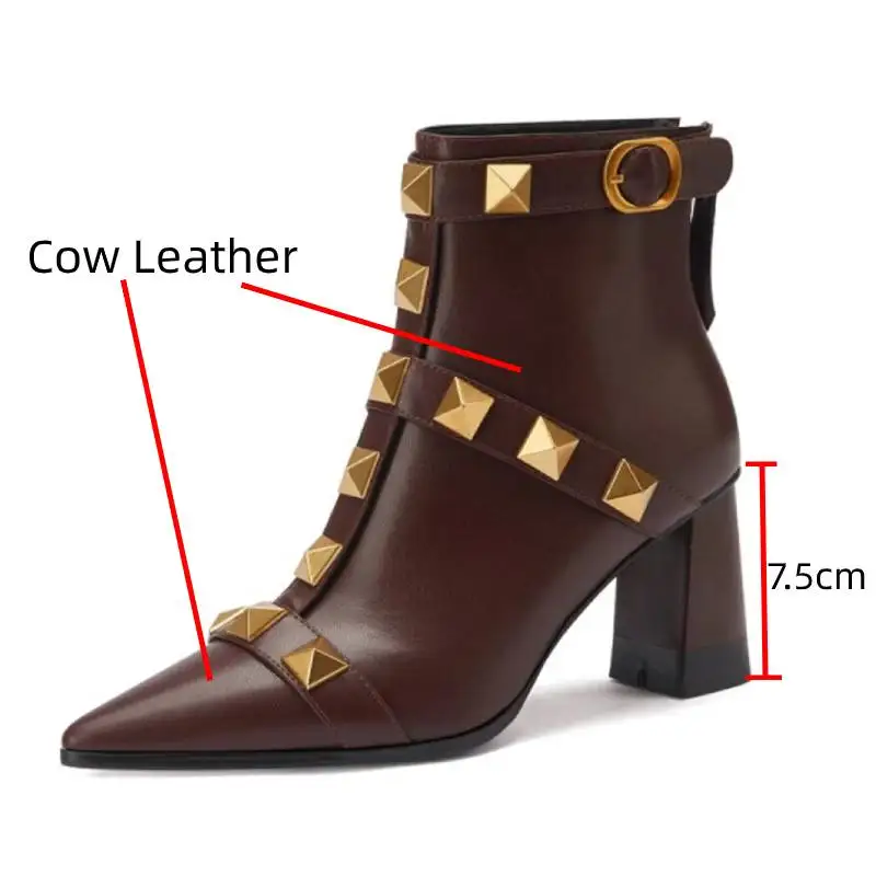 Dilalula Newest Genuine Leather Thick High Heel Rivet Short Boots Autumn Winter Pointed Toe Party Ankle Boots Office Ladies 2025