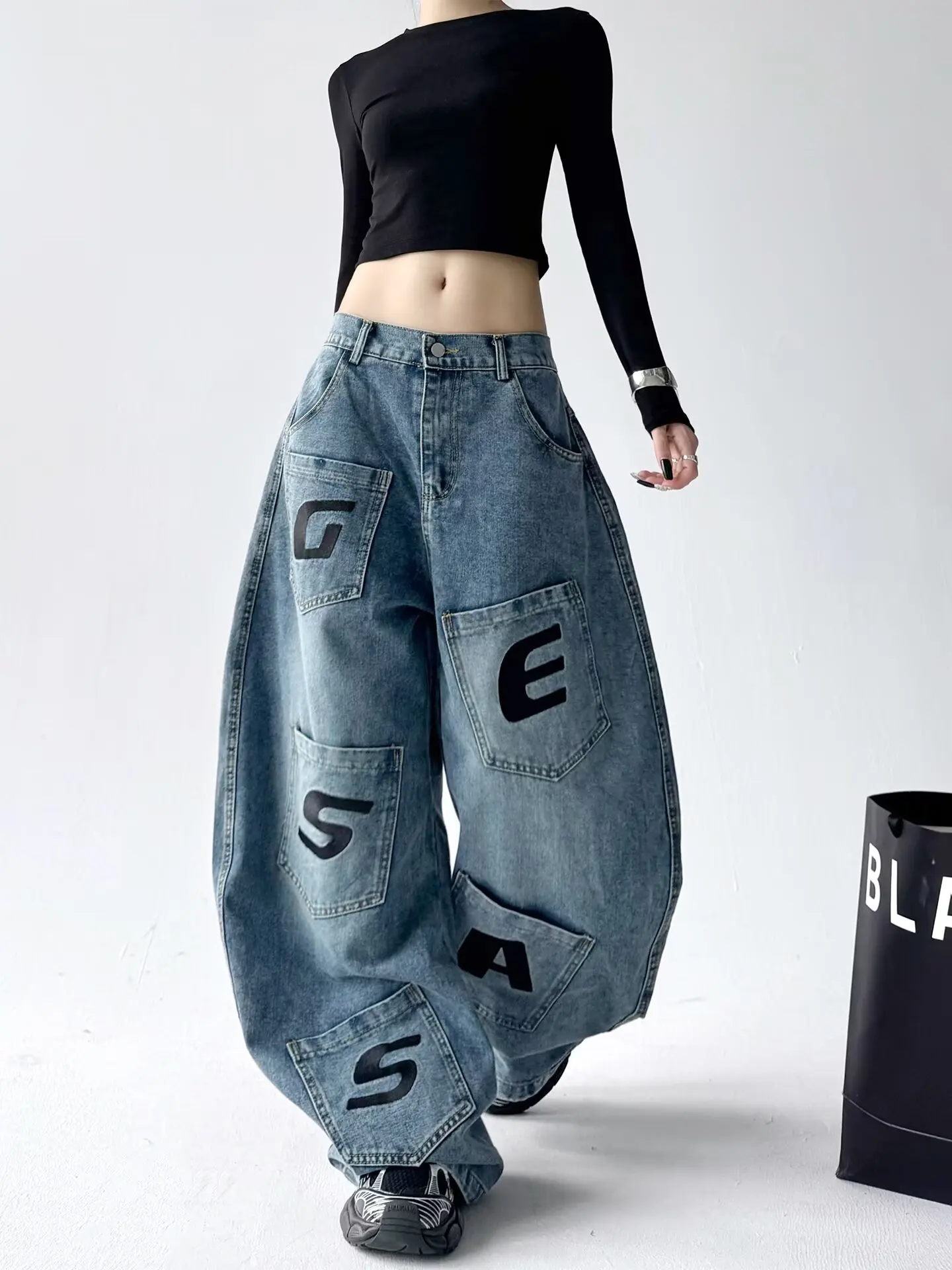 

Синие женские джинсы с высокой талией, винтажный дизайн, прямые мешковатые джинсовые брюки в стиле хип-хоп, уличные широкие джинсовые брюки в американском стиле, новые