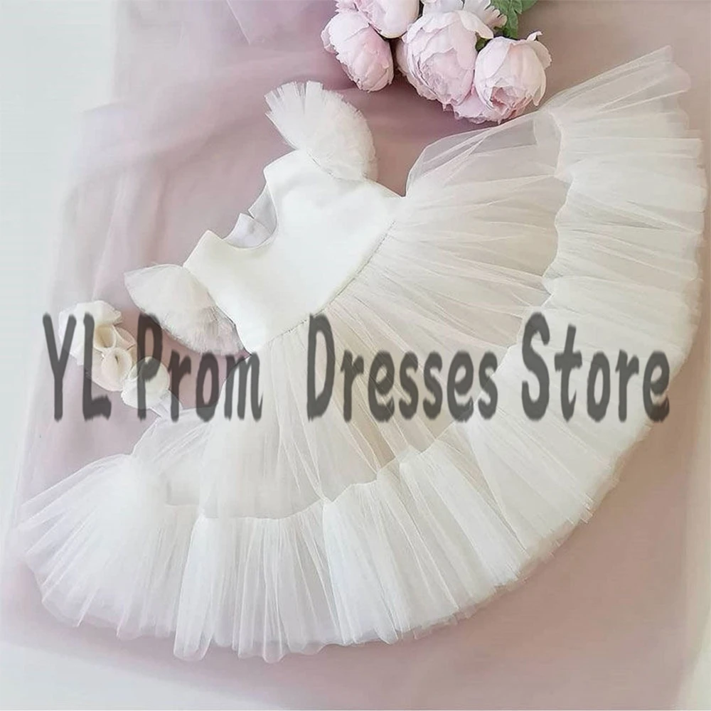 YL Light Blue A-Line Flower Gilr Dresses Midi Length Illusion Tulle Short Sleeve Childern Dress O-Neck Baby Birthday Party Gowns