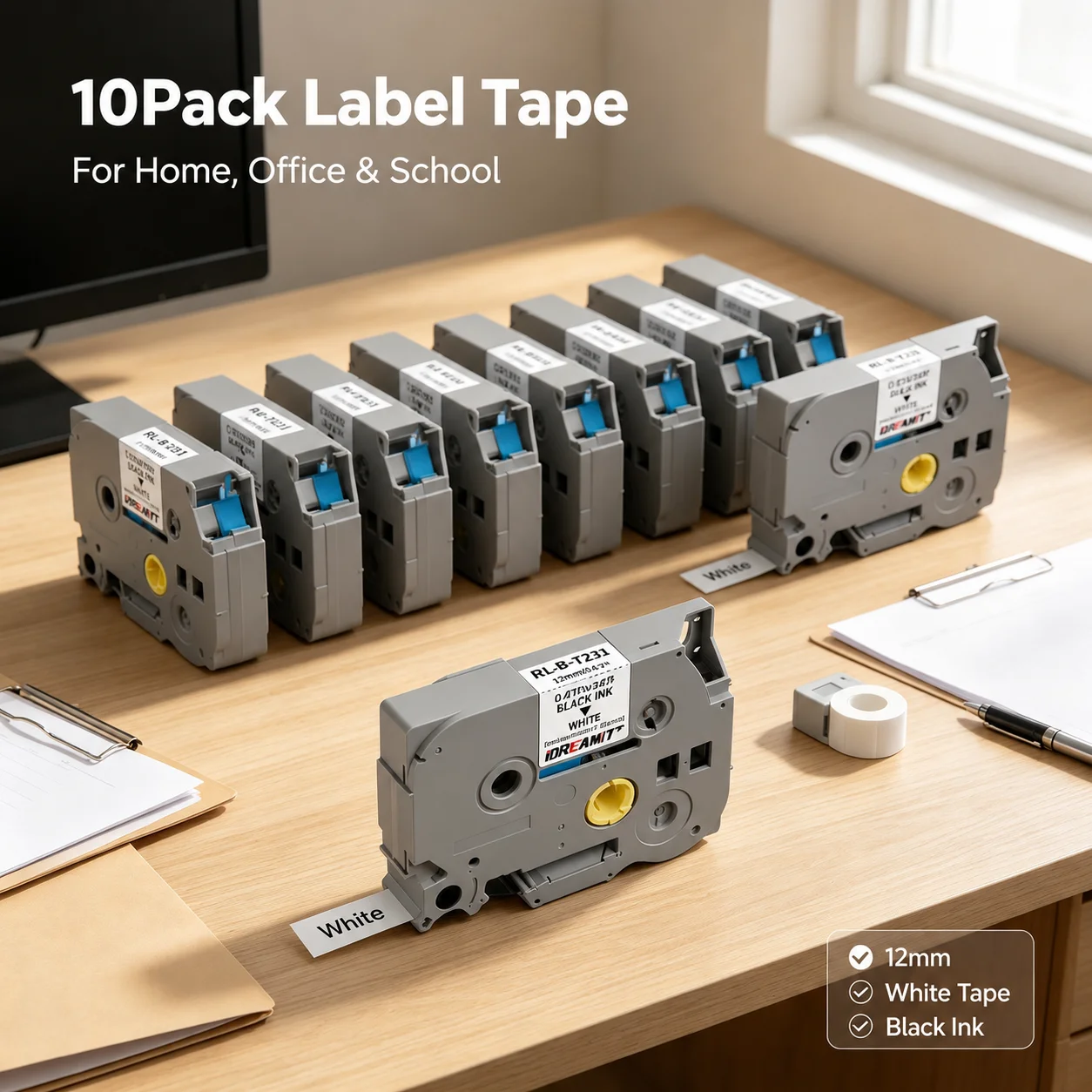 10 Pack TZe231 TZ231 Label Maker Tape 12mmx8m Black on White Waterproof Strong Adhesive Laminated Refill Compatible with Brother P-Touch PT-D210 PT-D220 PT-H110 Home Office Storage