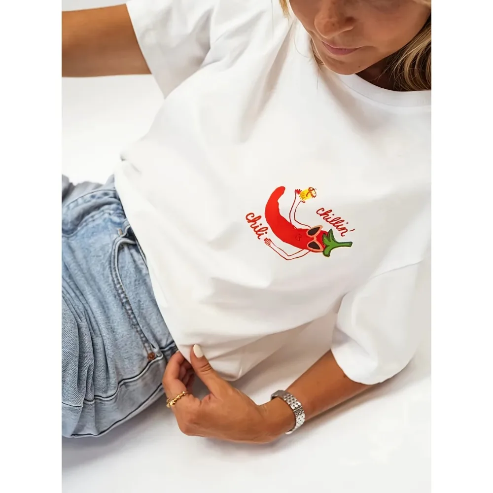 Chili Chillin T Shirt Women Cute Red Pepper Graphic Tee Vintage Funny Letter Printed Minimalist Casual Short Sleeve Summer Tops