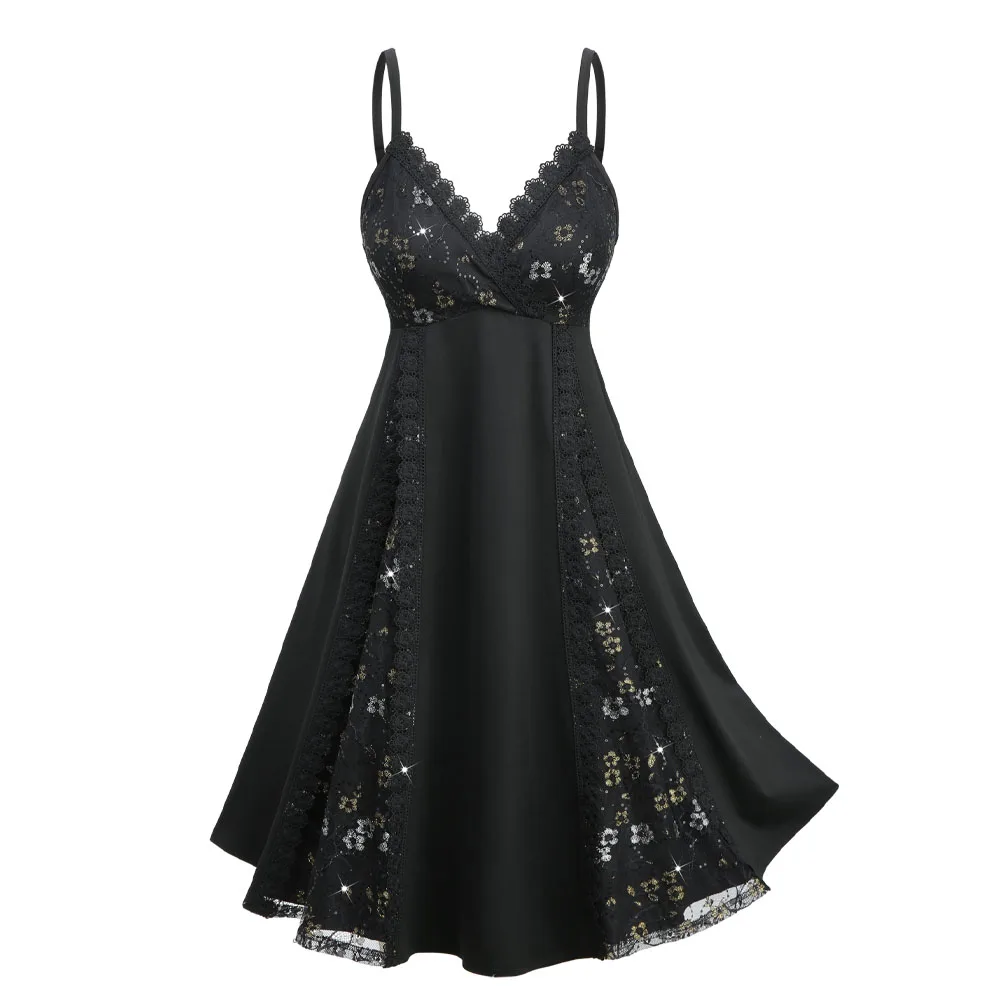 ROSEGAL, vestido camisola de talla grande con encaje Floral dorado y lentejuelas, vestido negro sin mangas elegante para fiesta de noche