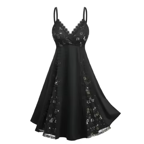 ROSEGAL Plus Size Gilding Floral Lace Sequins Patchwork Surplice Cami Dress Women's Black Sleeveless Elegant Evening Party Dress