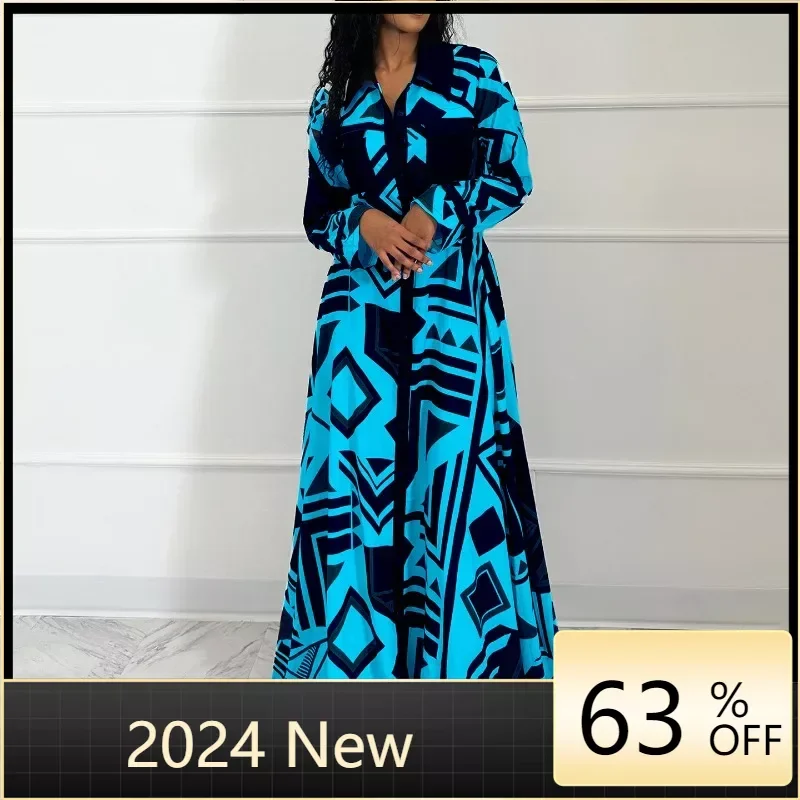 

2024 White Blue Yellow Polyester African Dresses for Women Autumn African Long Sleeve V-neck Printing Long Dress African Clothes