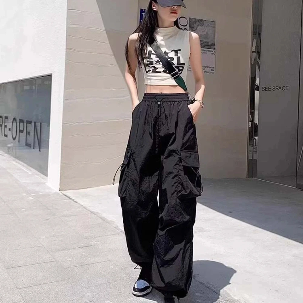 Elasticated Waist Women Drawstring Pants Long Trousers Multi-pockets Baggy Cargo Pants Black Red Sweatpants Women's Harem Pants
