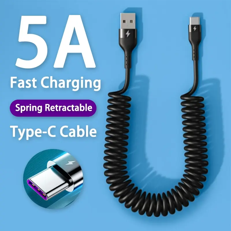 66W 5A Fast Charging Type C Cable Spring Car USB Cable for Xiaomi Redmi POCO Huawei Honor OPPO Phone Charger USB C Cable