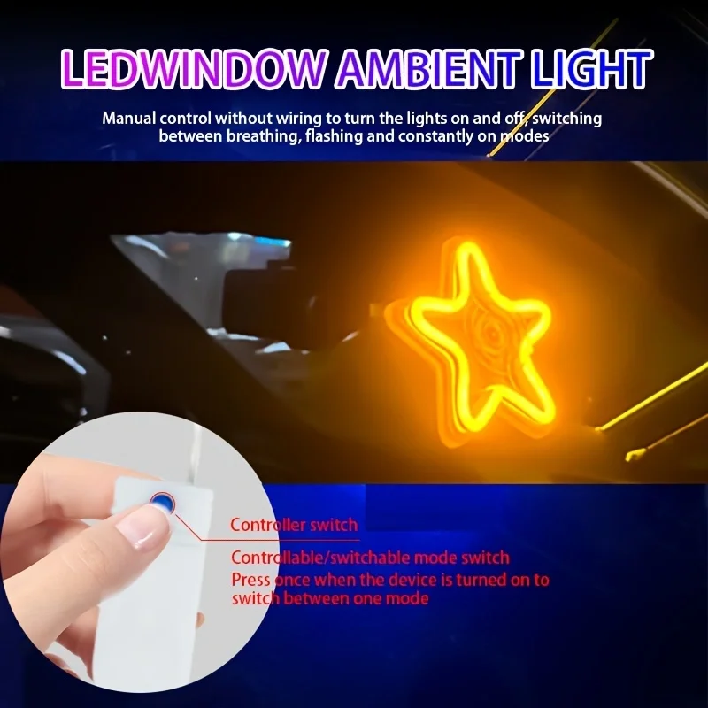 LED car window lights, star-shaped glittering mood lights, neon lights, car interior lighting，window decoration, ambient lights