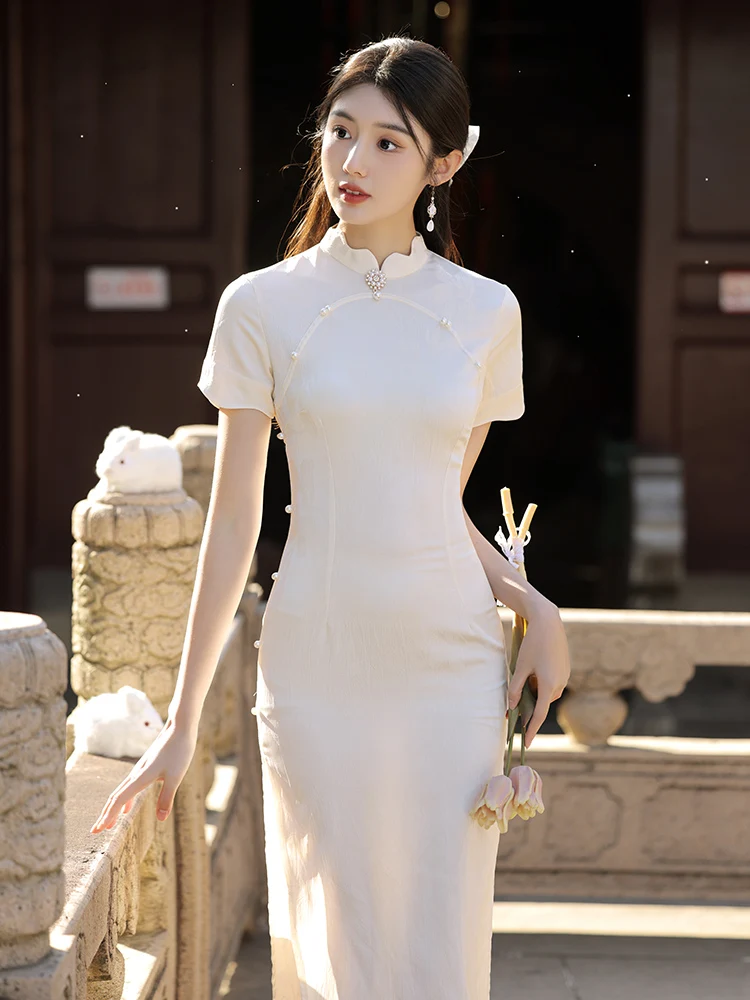 

Улучшенное летнее длинное ципао Young Sle с высоким разрезом, круглым вырезом и коротким рукавом, простое, для повседневной носки, эксклюзивно онлайн