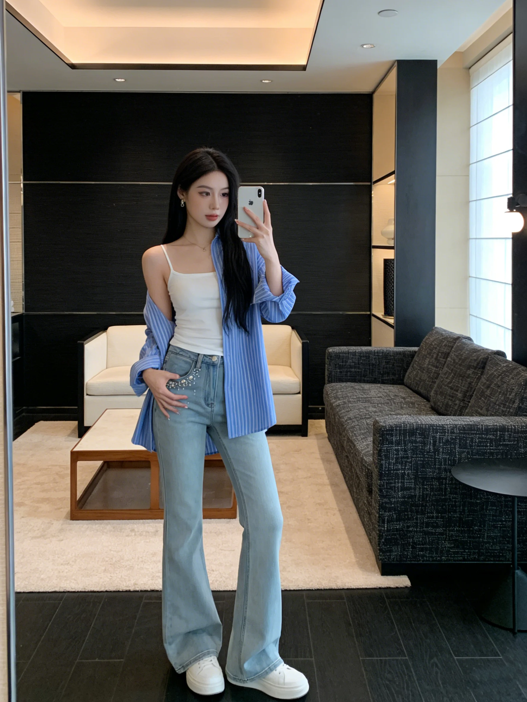 

Korean Style Heavy Embellished Washed Micro Flared Denim Jeans Women's Spring Summer Versatile High Waist Slimming Drapey Bel...