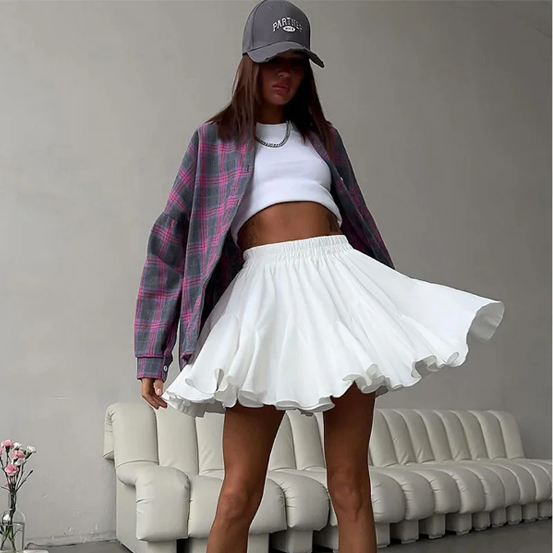 Women's Summer White Mini Skirt High Waist A-Line Vintage Ruffle Tennis Style Black Elastic Waist Cute Ruffle Short Skirts