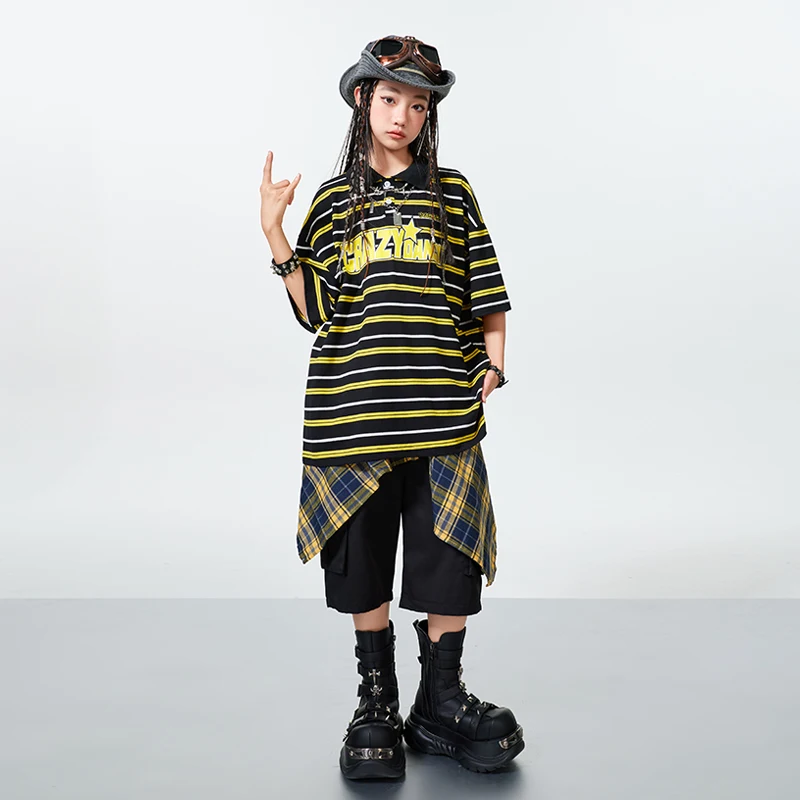Camiseta a rayas de Hip Hop para niños, pantalones cortos Cargo, ropa de baile callejero para niñas, disfraces de K-pop, conjuntos de ropa, ropa de calle de Jazz para niños