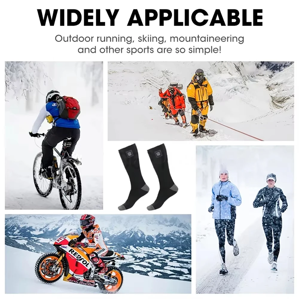 65 ℃   Calcetines calefactables eléctricos con estuche de batería, calcetines cálidos de invierno con botones controlables, calcetines calefactores para moto de nieve, caza, esquí, calcetín al aire libre