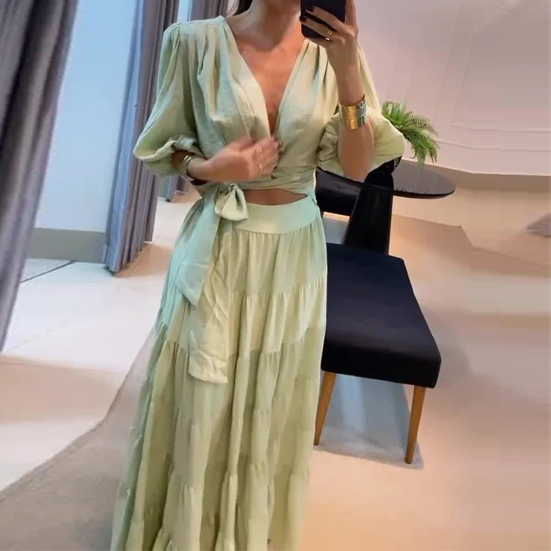 Elegant Dress Sets Women Lace Up Pile Long Skirt V-neck Crop Top Sleeveless Maxi Two Piece Set Work Summer Top Matching Sets