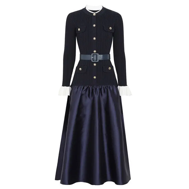 

High Quality Fashionable Knitted Slim Fit Silk Panel Dress Women's mid Waist Long Sleeve round Neck City Walk Single Piece