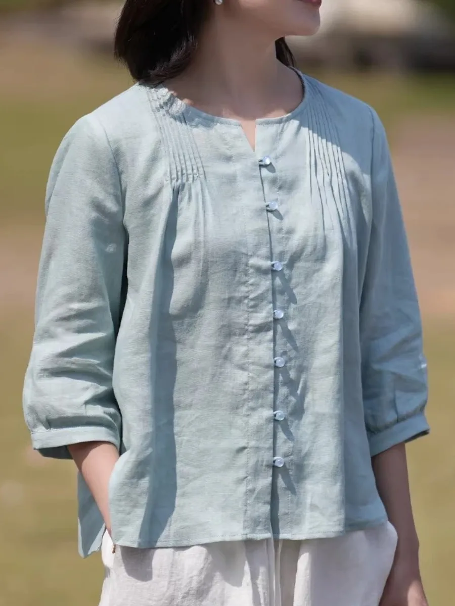 

Summer Pure Color Accordion Pleat Design Cotton Linen Loose Fit round Ne Casual Open Cardigan Women's plus Size irt