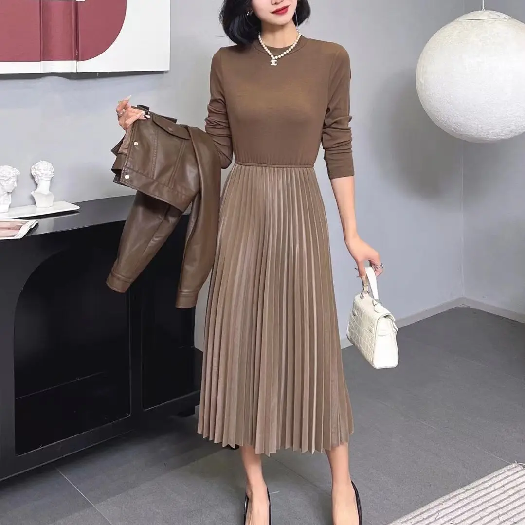 Autumn Wear a Full Set of Short Pu Leather Coat+elastic Dress Set for Women's Spring and Autumn Pleated Skirt Two-piece Set