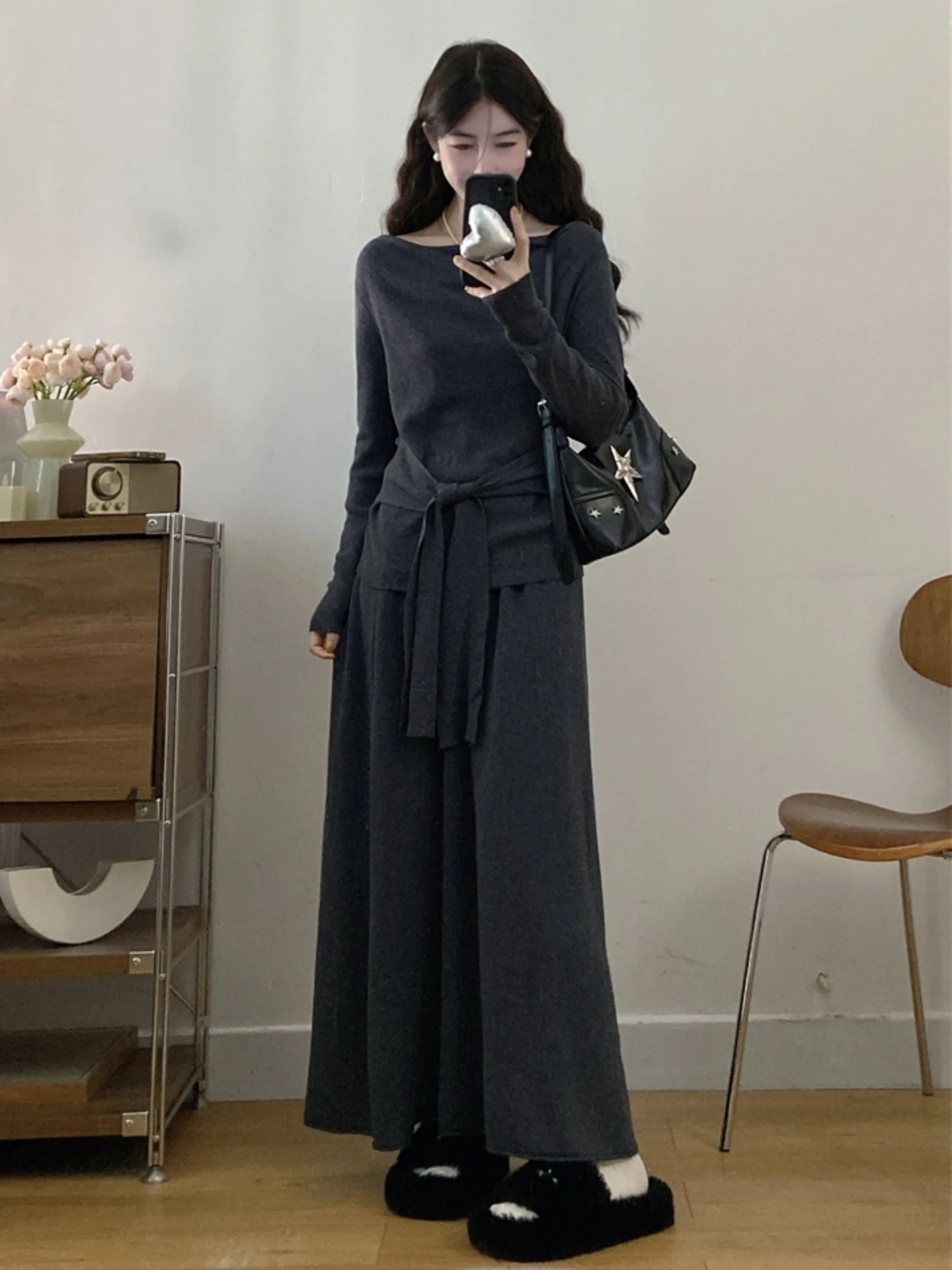 

Women's plus Size Knitted Top And Skirt Set Belted Waist Long Sleeve High Waist Straight Cut Winter Fashion Ensemble