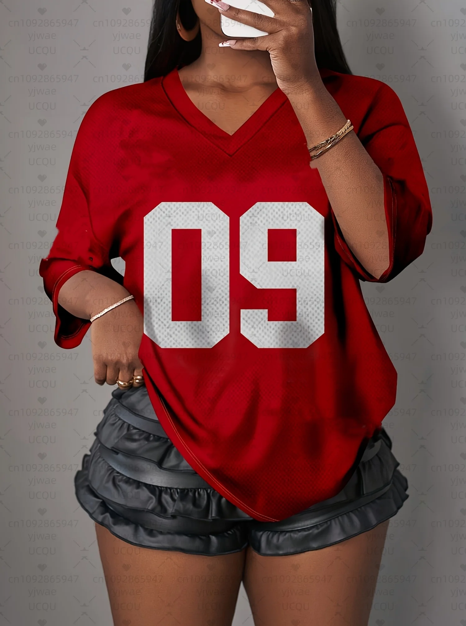 Camiseta con bloques de Color número 9 para mujer, camiseta de tela de malla a rayas con cuello en V, camisetas de calle de manga corta de tendencia Harajuku de verano 2025