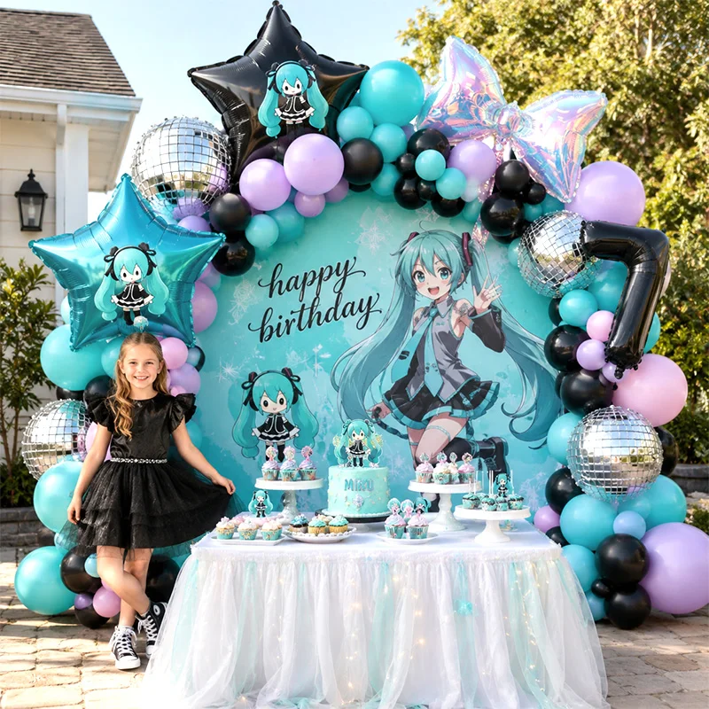Hatsune Miku Virtual Singer Balloon Arch Garland Kit, Teal Black Mixed Globos for Anime Fans Birthday Party Decor Supplies
