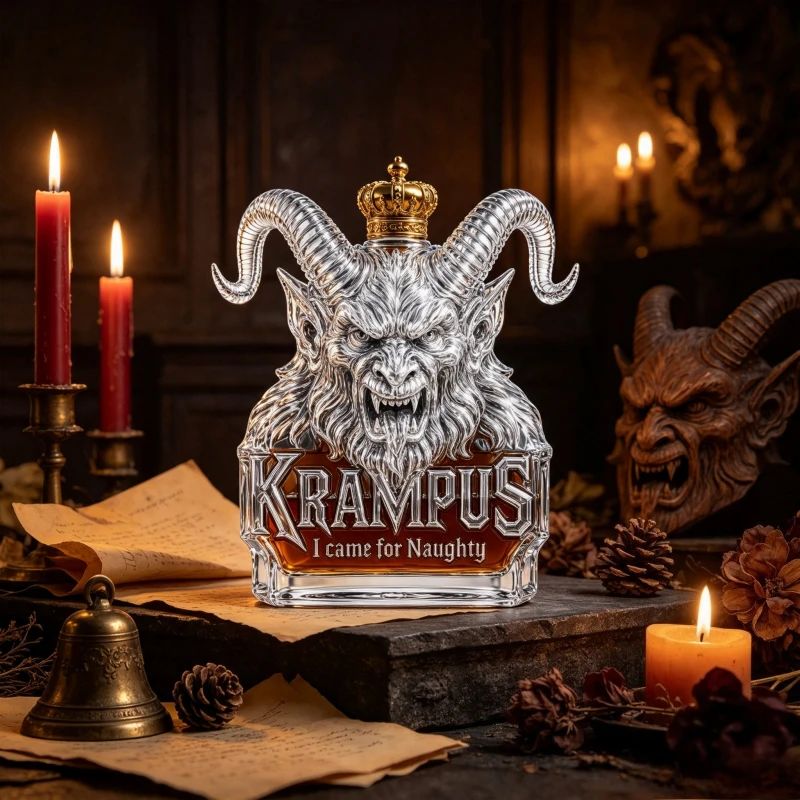 Krampus Goat Head Glass Whiskey Decanter with Crown Stopper Gothic Liquor Bottle for Bar and Home Decor