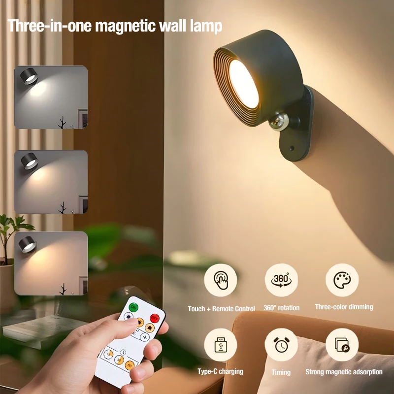 LED Wall Mounted Sconces Lamp Rechargeable Touch Control 3 Color Temperatures 360° Rotatable Dimmable Cordless Lighting