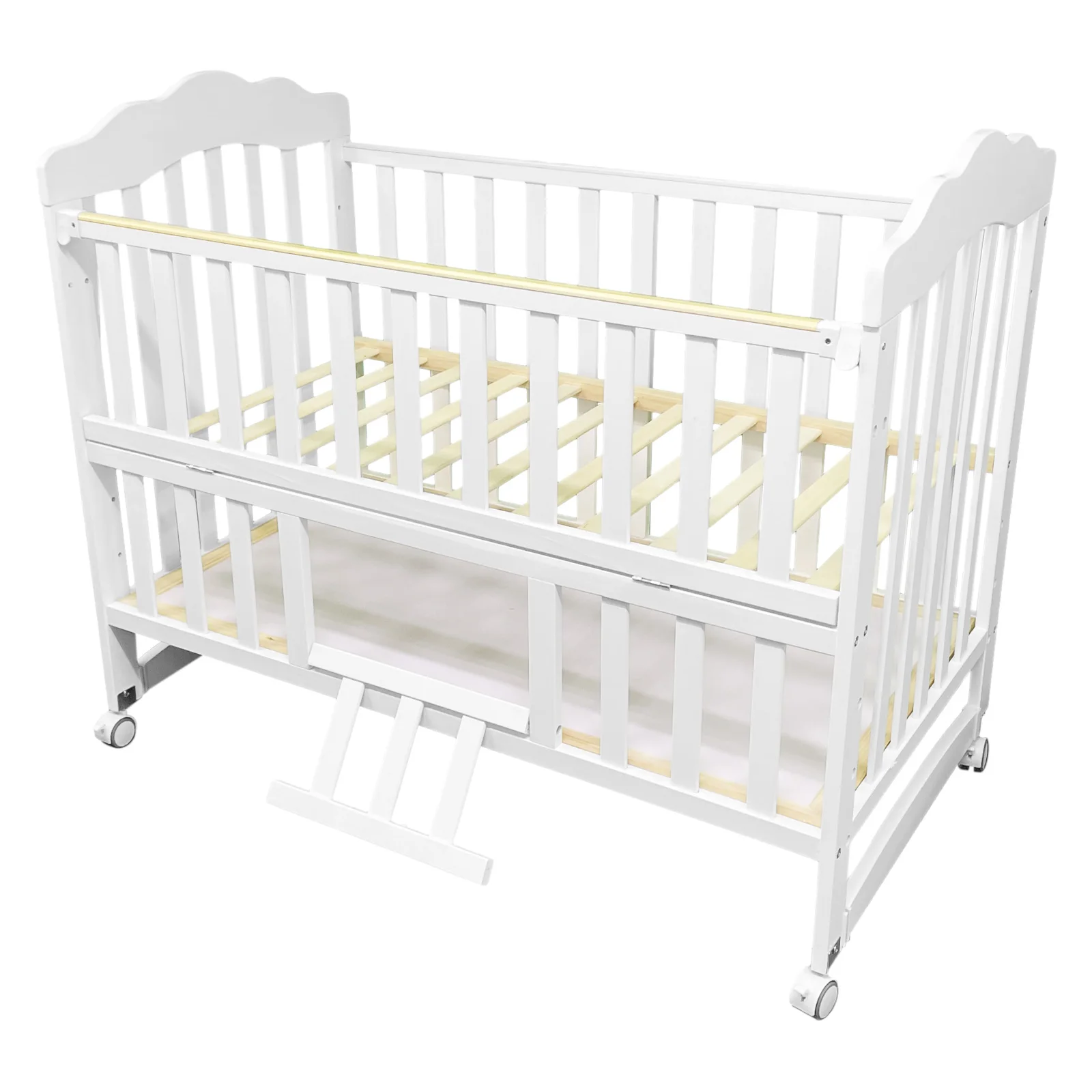 In stock modern wheels mobile adjustable height mosquito net new born wooden bed side baby cot bed with storage