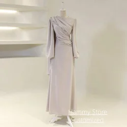 Customized Arabic Evening Dress Elegant Round Neck Puff Sleeves Pleat Crystal Stones Floor Length Saudi Arabic Prom Gown