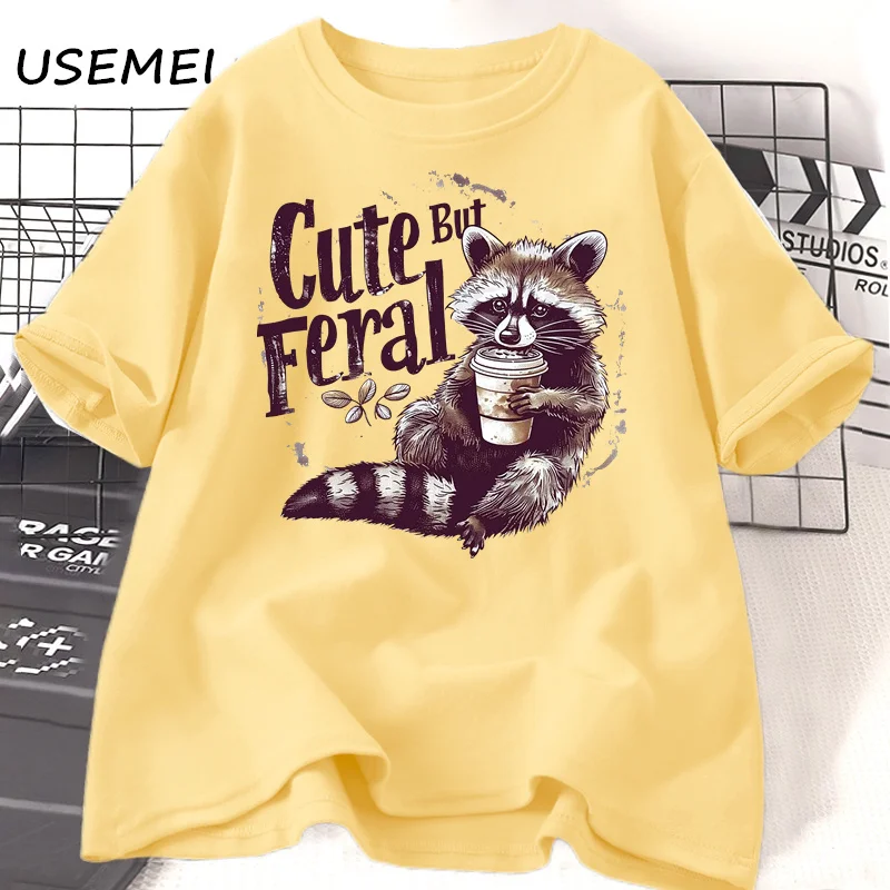 Funny Racoon Cute but Feral t Shirt women funny Opossum tee Retro Animal Meme t-shirt cotton short sleeve clothing female tees