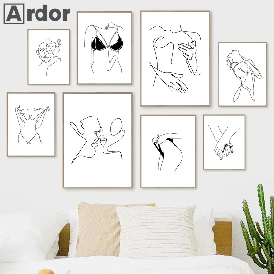 Abstract Couple Kiss Line Drawing Wall Art Poster Sexy Women Body Print Hand In Hand Canvas Painting Nordic Picture Home Decor