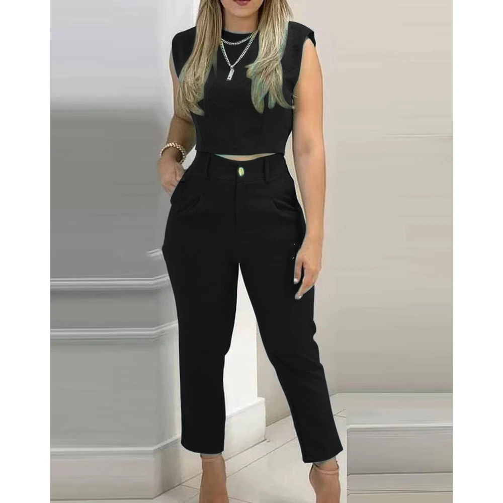 

Fashion Women Causal Solid Color Sleeveless Cropped Top & Cuffed Pants Set Office Lady Slim Fit Two Pieces Suit Set traf Outfits