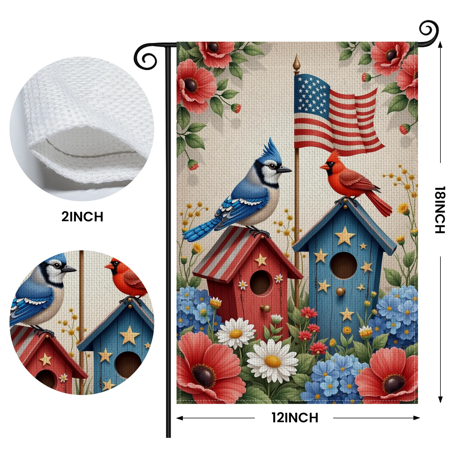 Patriotic Garden Flag Red White Blue Yard Banner Star Pattern Birdhouse Motif Outdoor Decor Flag for July 4th Celebration