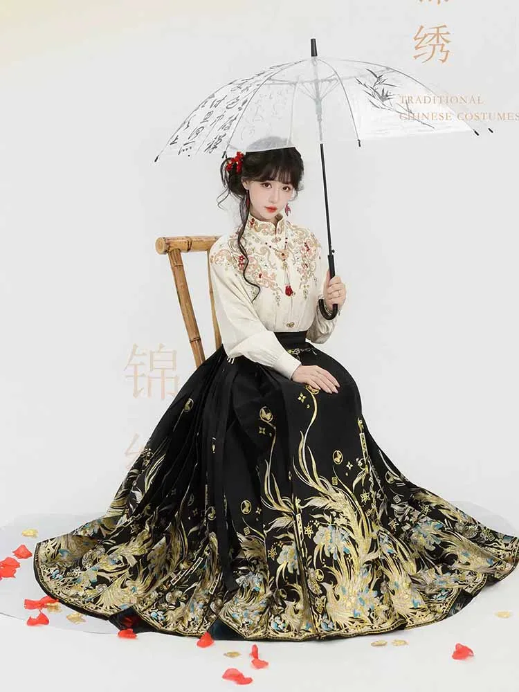 Ming Dynasty Hanfu Horse Face Skirt Women Spring Pleats Skirt  Chinese Style Embroidery Weaving Gold Black Red Hanfu Skirt Shirt