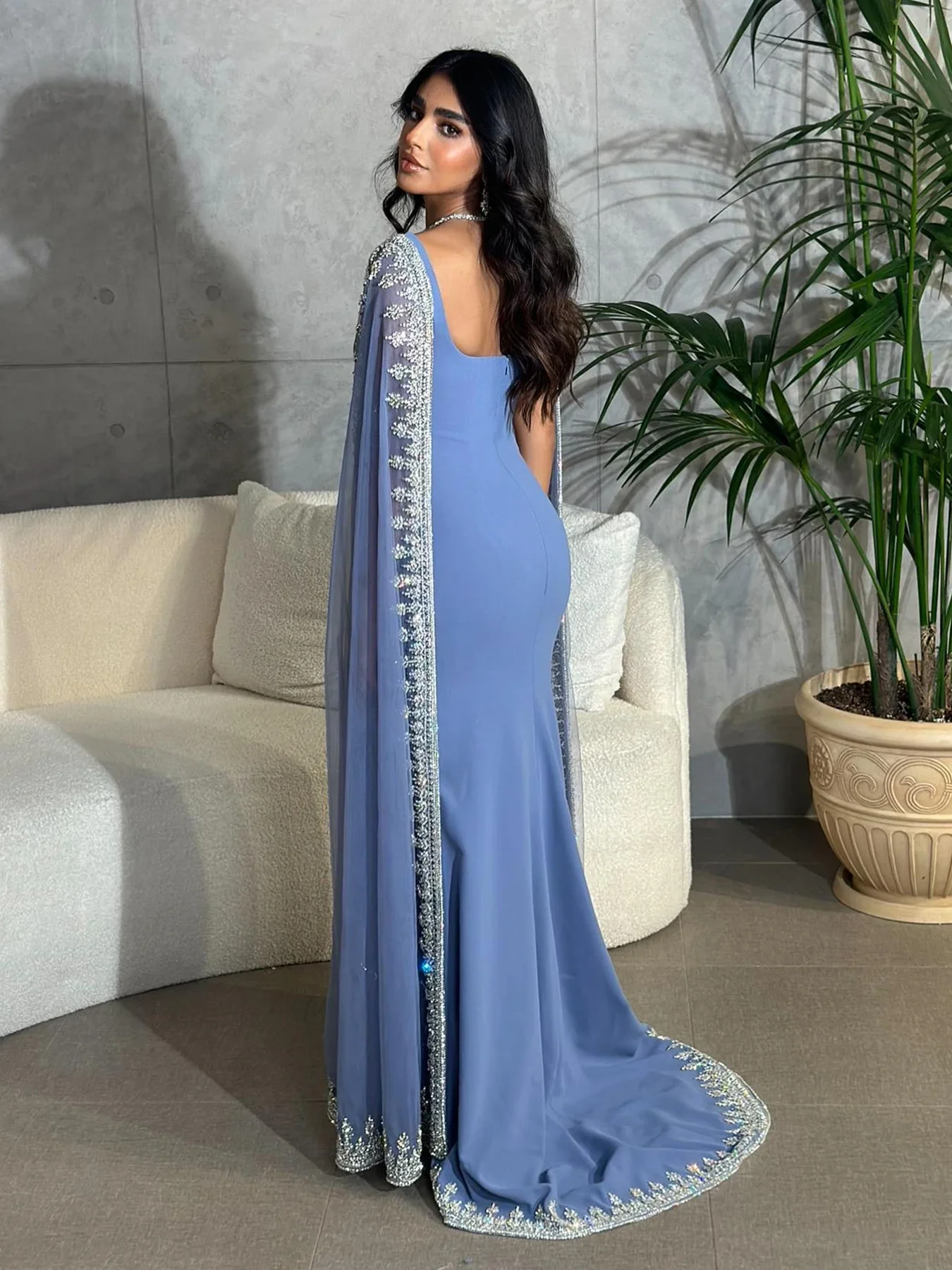 Oisslec Luxe Blauwe Zeemeermin Dubai Avondjurken Met Cape Mouwen Salie Groene Elegante Arabische Vrouwen Huwelijksfeest Gownsss445