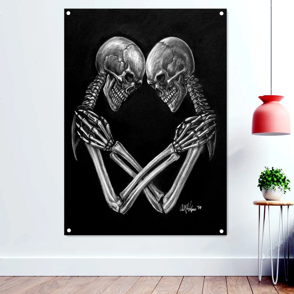 Skeleton Couple Illustrations Flag Fantastically Brutal Skull Art Poster Black/White Skeleton Banner Wall Sticker Home Decor