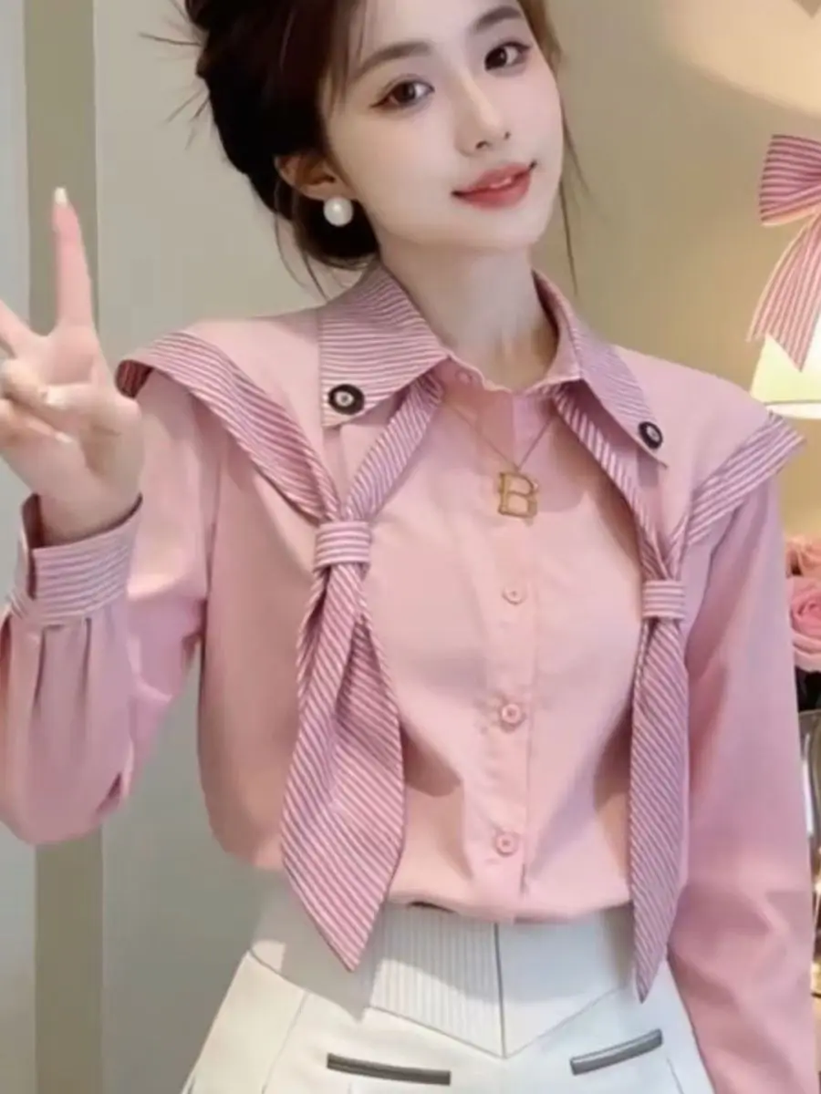 

Chic Pink Long Sleeve Neck Striped Shirt Women's Spring Style Fashionable Versatile Fake Two-Piece Top Gentle Commute St...