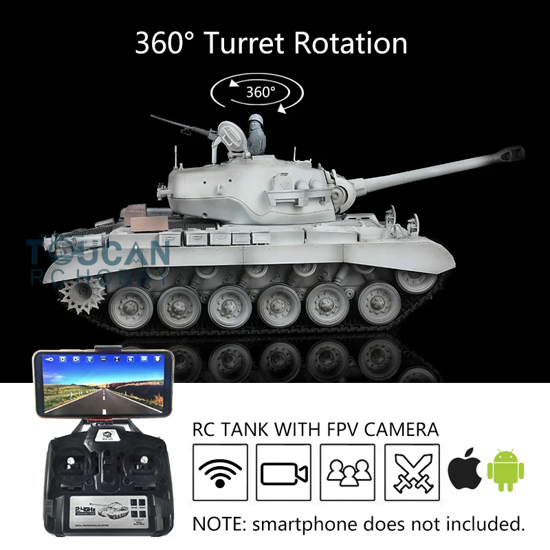 

HENG LONG 1/16 7.0 Plastic M26 RTR RC Tank FPV Camera 3838 360° Turret Steel Gearbox Stickets BB Unit Smoking Toys Kids TH17314