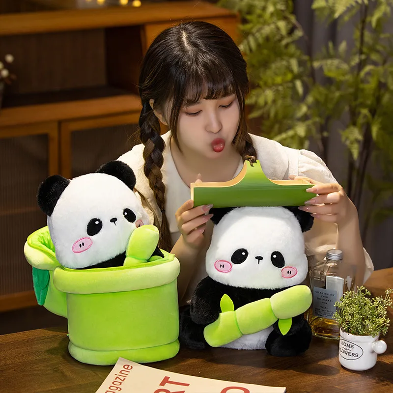 2 In 1 Cute Bamboo Tube Panda Bear Plush Toy Bag Kawaii Animal Stuffed Car Sofa Bedroom Decoration Plushie Doll Pillow