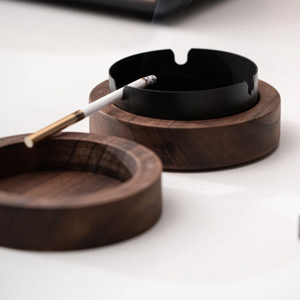 (。_。) Walnut Ashtray with Lids Windproof Wooden Ashtray Portable Ash Holder for Smokers Desktop ,Men's Gift(Black)