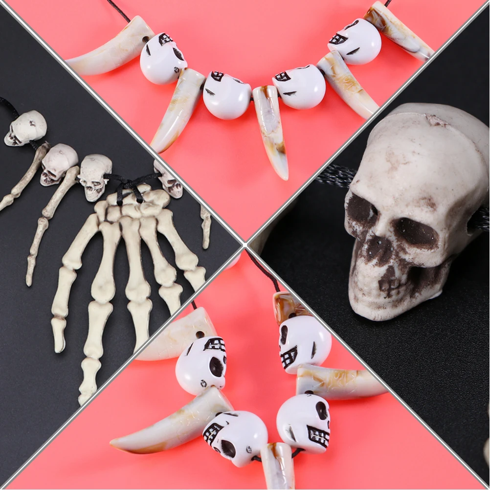 

2Pcs Skull Necklace Halloween Horror Clavicle Chain Hand Crescent Pendant Unique Festive Neck Jewelry for Men Women