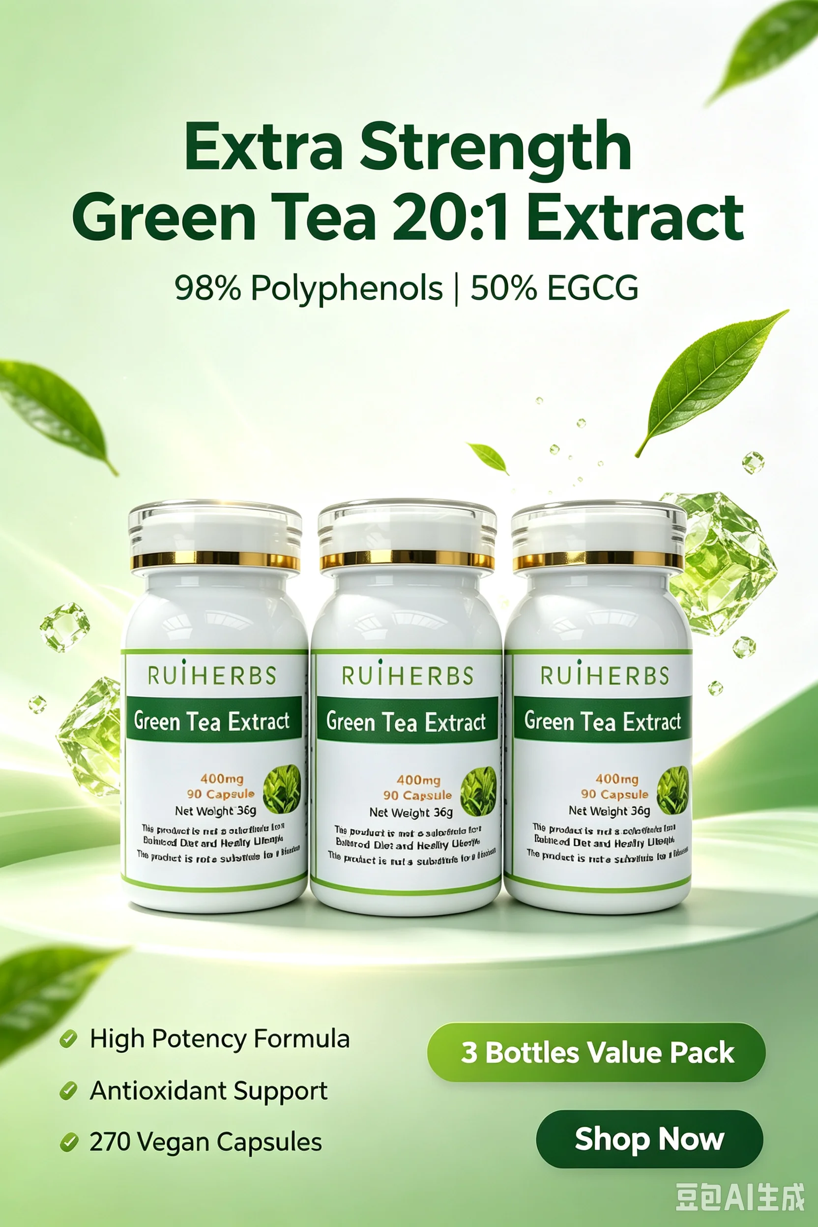 Extra Strength Green Tea 20:1 Extract, Tea 98% Polyphenols, 50% EGCG, 3Bottle 270 Vegan Capsules
