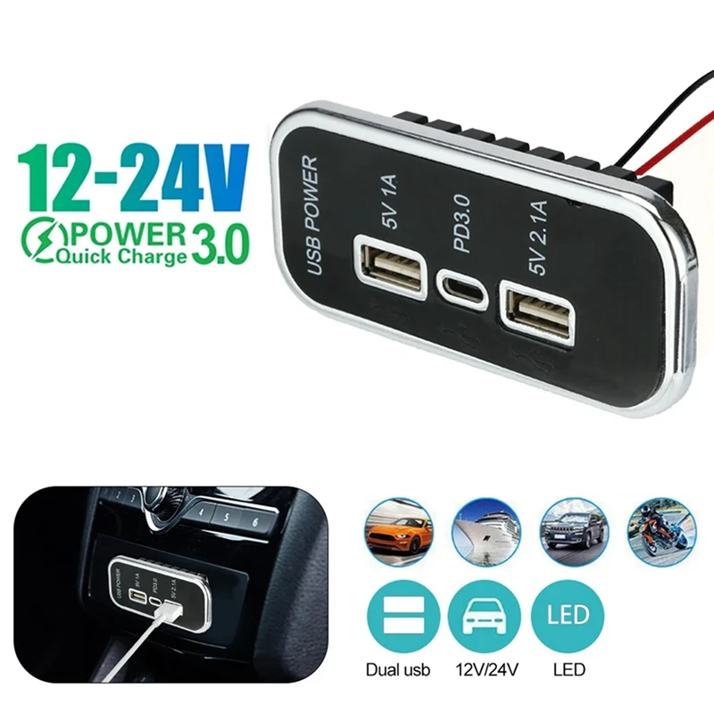 12/24V Car Charger PD3.0 Dual USB Socket For Motorcycle Auto Truck ATV Boat RV Bus Power Adapter Outlet-A58X