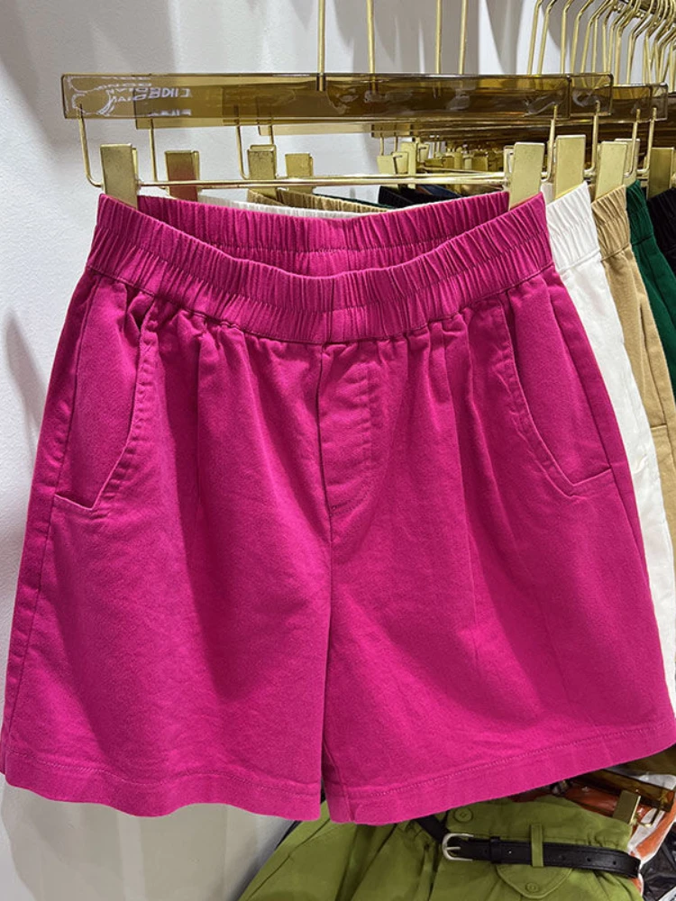 

2023 Women's Denim Shorts Astic Waist Cotton Wide Leg Short Lady Beautiful Casual Rose Red Solid Summer Shorts For Women