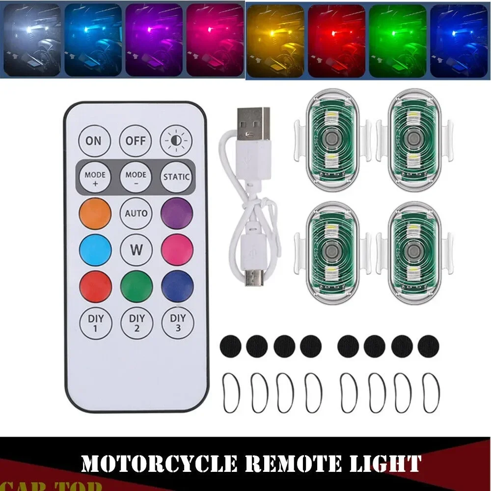 

4Pcs 8 color LED motorcycle flash anti-collision lamp remote control wireless Night Warning Lights Mini Signal Light