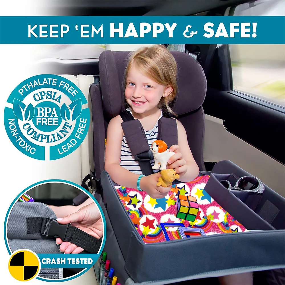 Car Seat Lap for Food and Play Activities, Toddler Car Seat Table Tray, Air Travel Kids Activity Table, No Drop Tablet Holder an