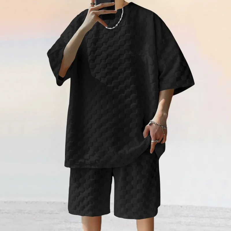 Men\'s Sports Suit Summer New High Street Jacquard Plaid T-shirt Shorts Two-piece Set Male Casual Retro Loose O-neck Top