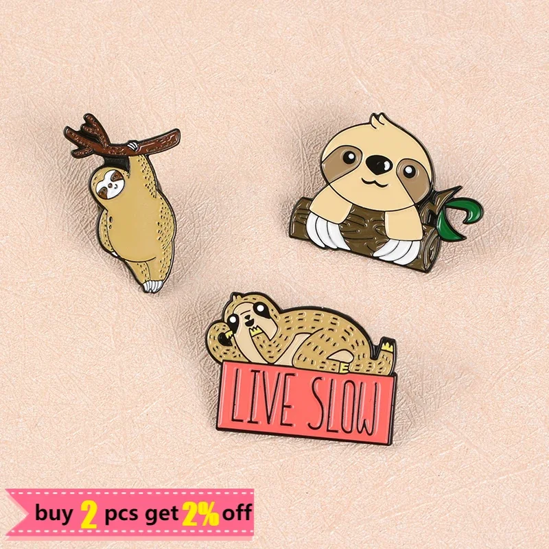 Cute Sloth Koala Zoo Enamel Pins Lazy Animal Family Happy Life Brooches Cartoon Metal Badges for Kids Friends Clothes Lapel Pin