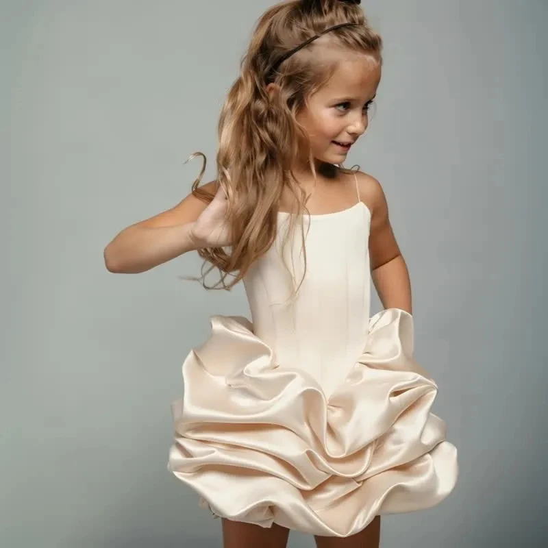 Girls Satin Mini Dress Ruffled Bubble Skirt Kids Pageant Birthday Spaghetti Strap Wedding Flower Girl Party Formal Outfit