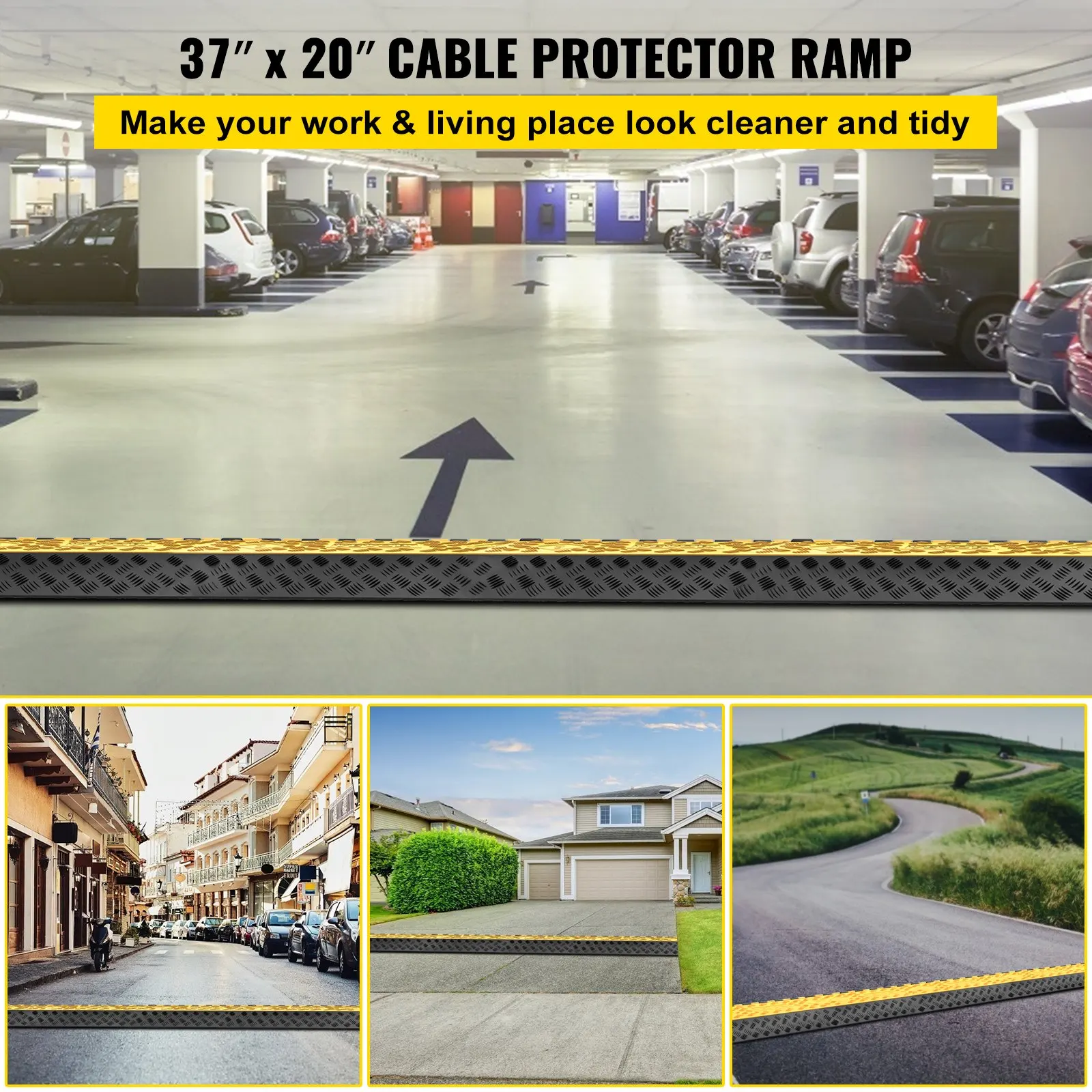 Tapis de protection de câbles en caoutchouc noir, rampe de protection de câbles à 3 canaux 94,5x50x8 cm, pont de protection de câbles flexible, protection des fils électriques, attaches de câbles incluses, gestion visible des câbles au sol pour intérieur et extérieur