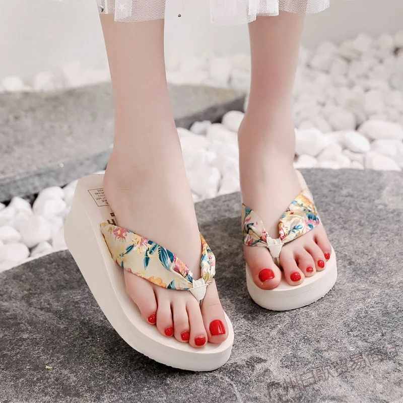 Wedged Platform Sandals Women Flip Flops Open Toe High Heels Printed Slippers Summer Bohemia Outdoor Wedges Slides Home Shoes